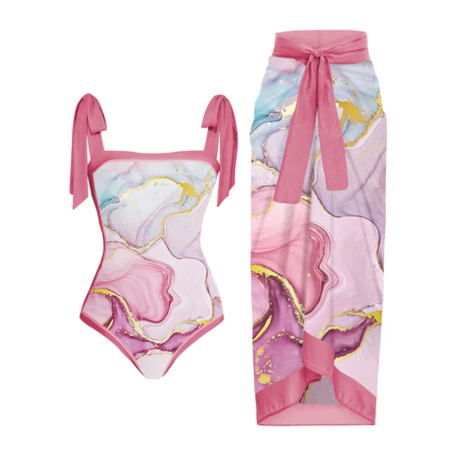 

Цельный купальник с квадратным вырезом и модным принтом и накидка для женщин, сексуальное праздничное пляжное платье с открытой спиной, Купальник бикини пуш-ап