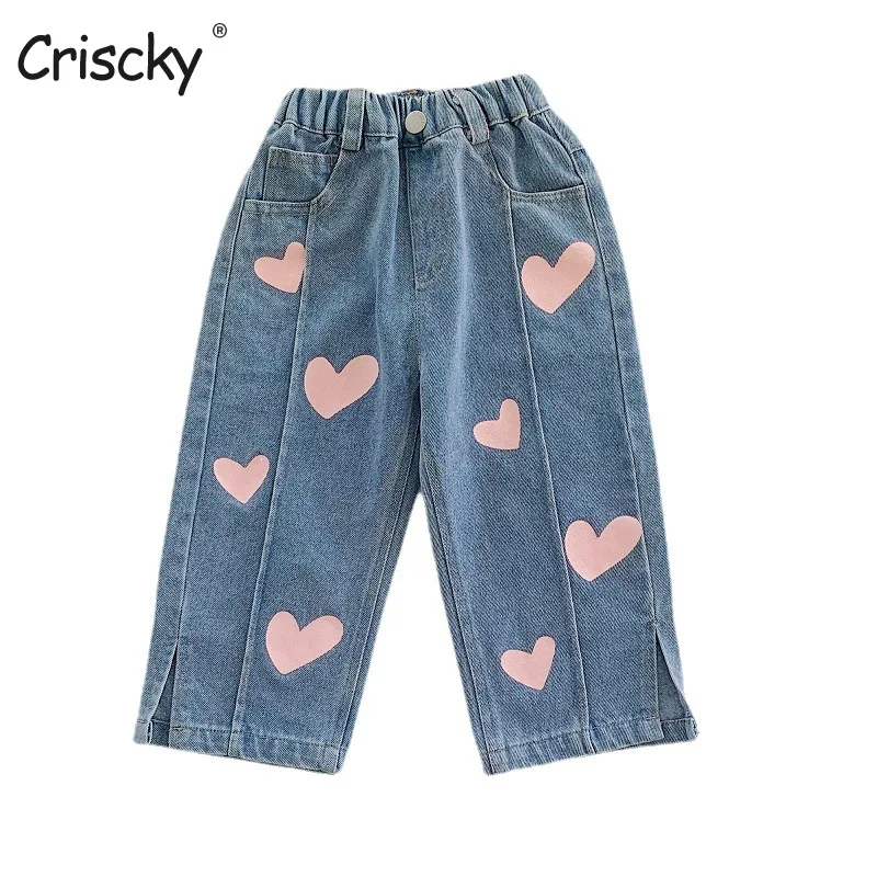 

Criscky Kids Girl's Clothes Baby Elastic Band Straight-leg Love Jeans Pants For Girls' Baby Clothing Wear Denim Trousers