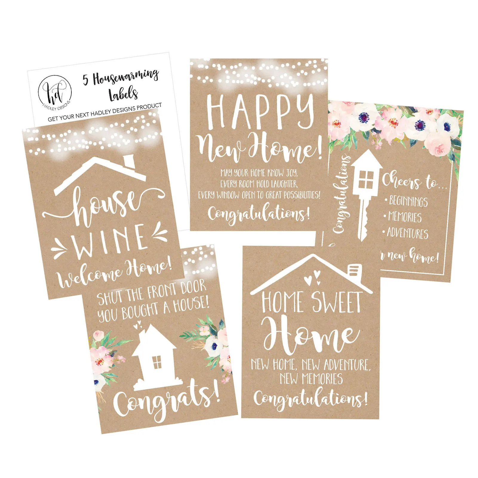 

5 Pcs Rustic Wine Bottles Stickers Blessing Words New Home Stickers for Family Friends Neighbor Gift