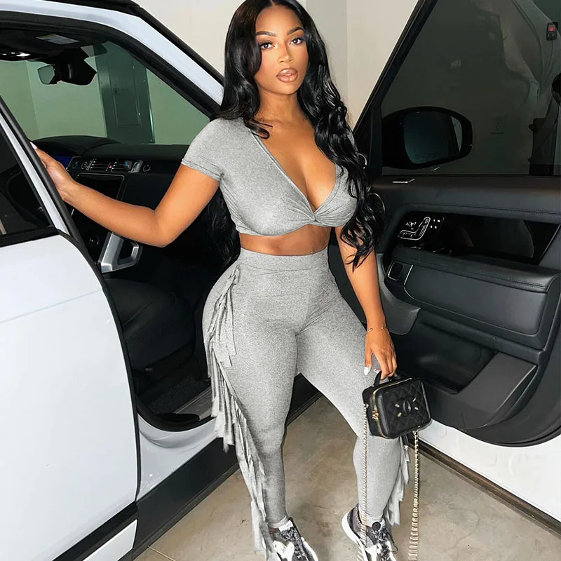 

Streetwear Tracksuit Women Two Piece Set Summer Bodycon Draped Crop Top Side Tassel Pant Sets Sporty Casual Joggers Sweat Suit