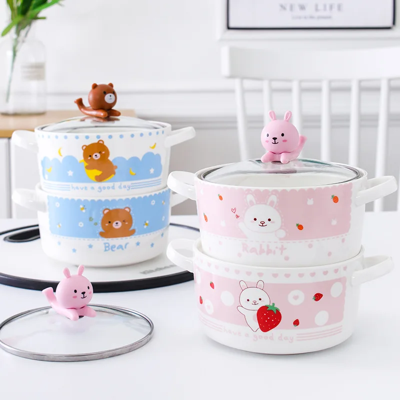 

Creative cartoon lovely bedroom instant noodles bowl with cover can be used as mobile phone support ceramic bowl new style