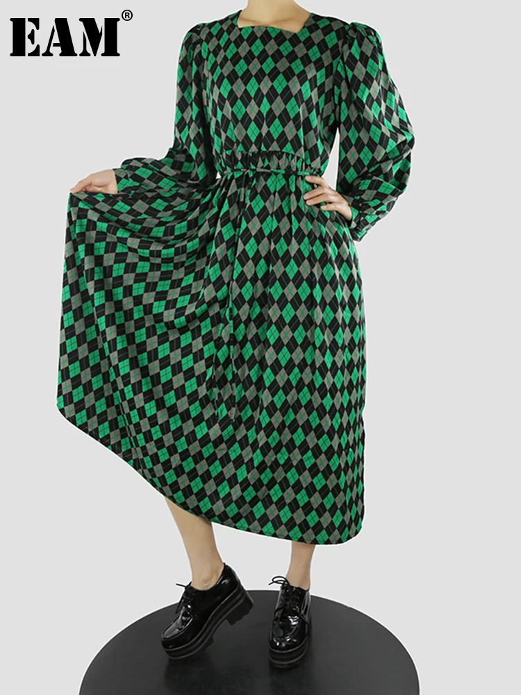 

[EAM] Women Green Plaid Big Size Midi Dress New Square Collar Long Sleeve Loose Fit Fashion Tide Spring Autumn 2022 1DE6222