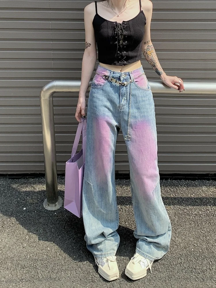 High Waist  All-Matching Dyed Jeans Women 2023 Spring and Summer New Retro Contrast Color Loose-Fitting Wide-Leg Trousers