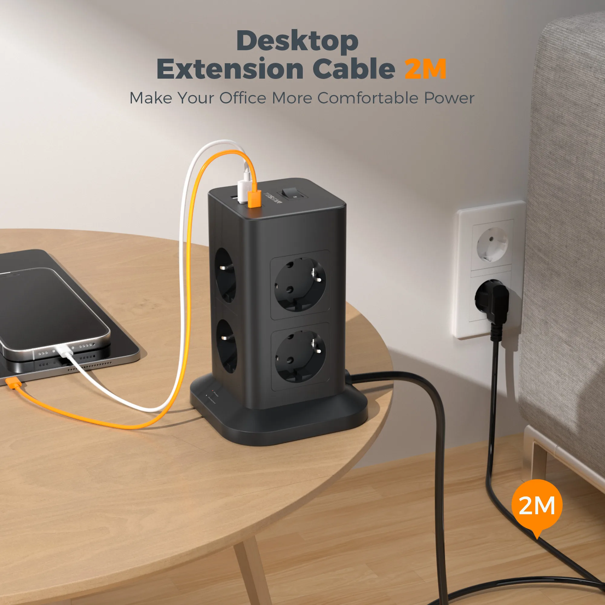 Удлинитель TESSAN с 8 розетками + 2 USB 1 вертикальной розеткой типа C и м удлинителем