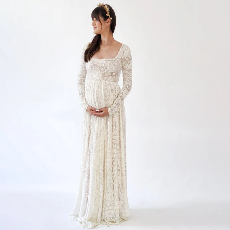 

13859# Simple Sheath Long Sleeves Lace Square Collar Soft Loose Style Brush Train Wedding Dress Bridal Gown Vestido de novia