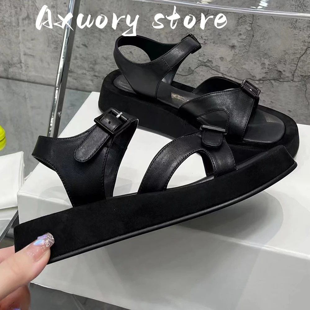 2023 Summer Woman Genuine Leather Flat Platform Sandals Thick Bottom Sandals Women Casual Holiday Beach Shoes