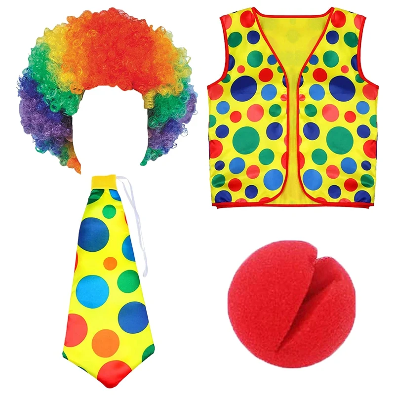

4 Pack Clown Costume Set Clown Wig Nose Vest For Halloween Cosplay Parties Carnivals Dress Up World Cup Cheer