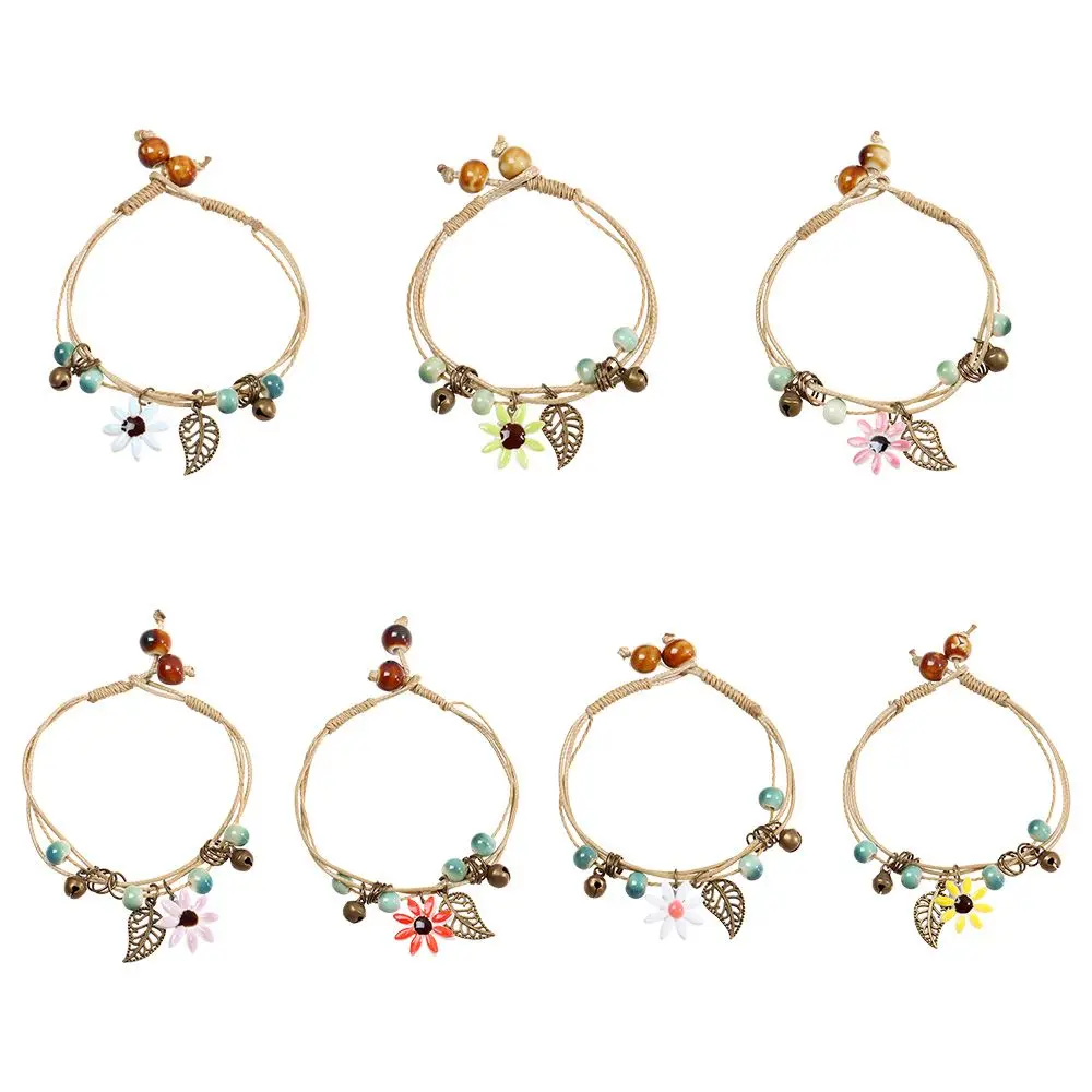 

Hand Made DIY Daisy Flower Bracelet Beads Chain Charm Bracelet Flower Leaf Hand Rope Ceramic Flower Pendant Bracelet