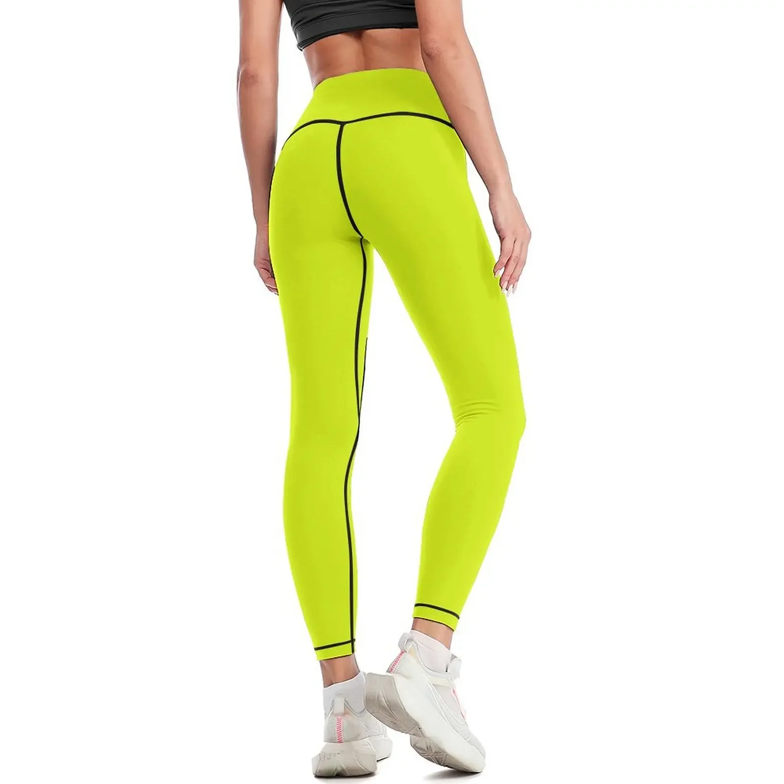 Фото Женские леггинсы Chartreuse Yellow Solid Color, однотонные, для фитнеса, с высокой талией, спортивные, для push-up эффекта. №3