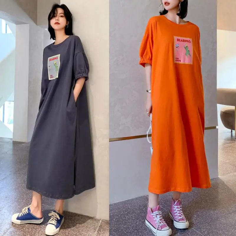 

2022 Summer New Korean Loose Thin Casual Simple Solid Color Lazy Style O-neck Women Short Sleeved T-shirt Dress Free Shipping