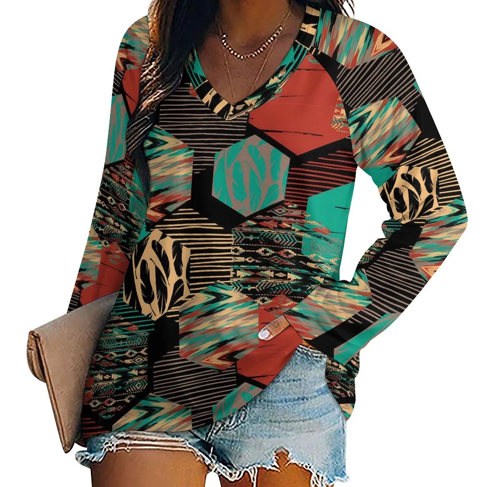

Футболка с этническим принтом женская, милый Топ с длинным рукавом, в этническом уличном стиле, футболка с графическим принтом, большой размер, на осень