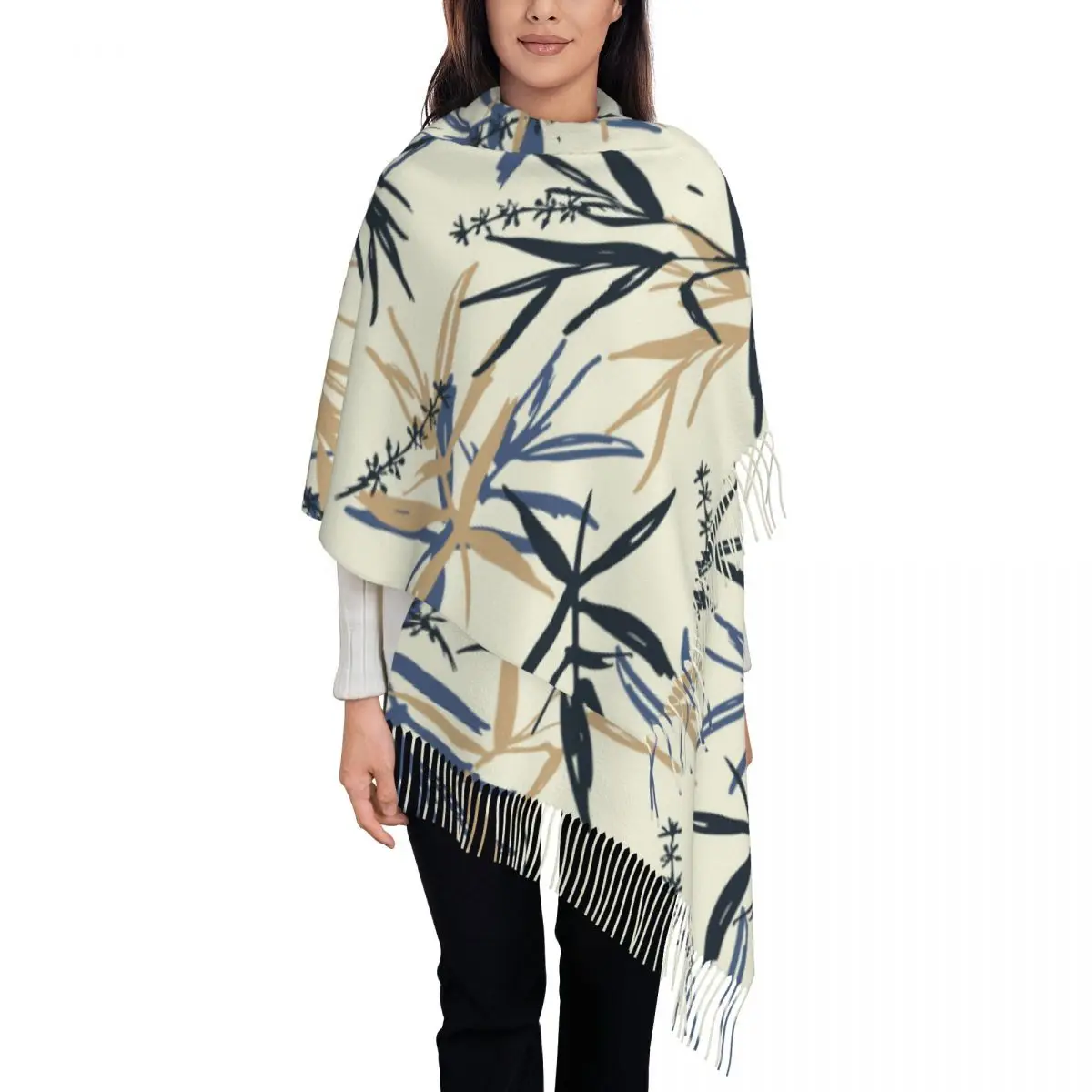 

Женский шарф с бамбуковыми листьями и цветами, зимние шали, женские теплые шарфы с кисточками, пушистый палантин Bufanda