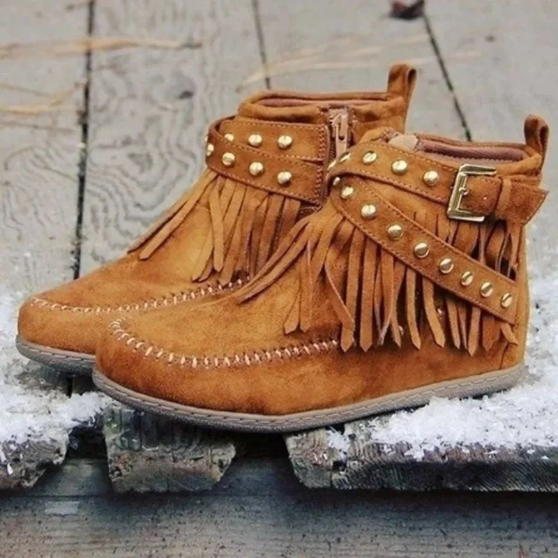 

Botas Mujer Invierno 2022 Women Ankle Short Boots Tassels Round Toe Boots Side Zipper Warm Non-slip Boots Shoes for Women