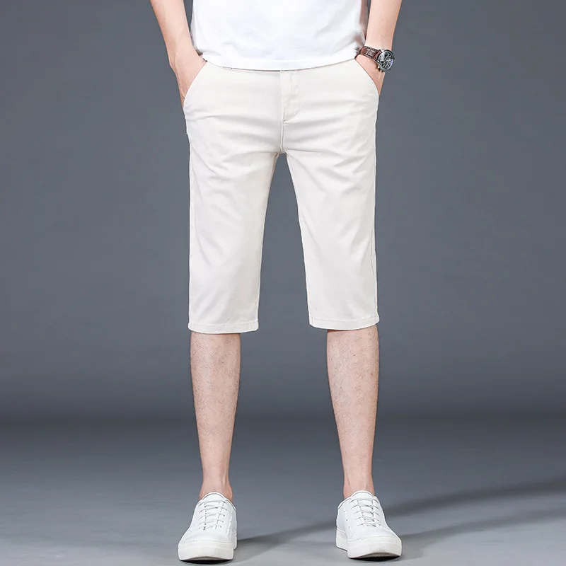 

8009 Summer Fashion Men's Solid Color Simple Basic Thin Capri Pants Korean Style Slim Fit Casual Straight Cropped Trouser Male