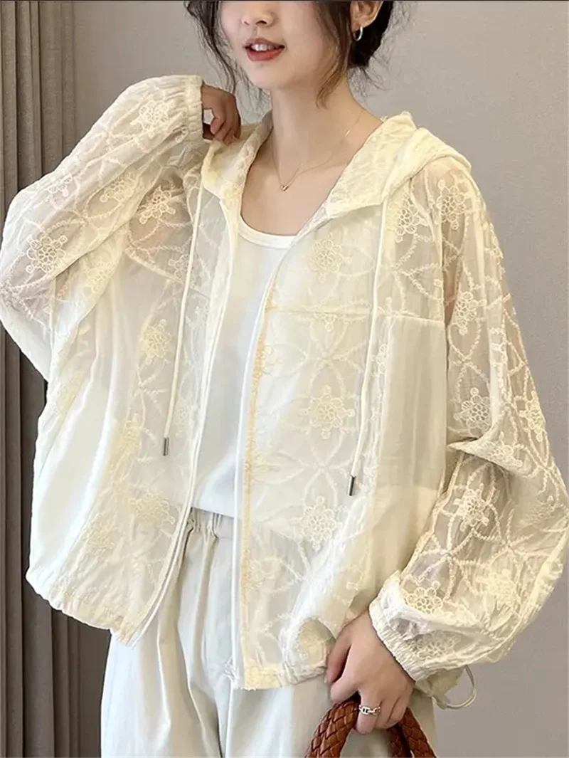 

2023 Summer New European Embroidery Sun Protection Clothing Women's Loose Hooded Thin Super Immortal Hollow Lace Coat Female