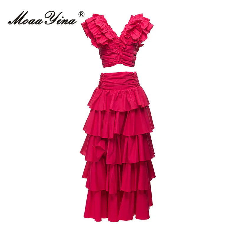 

MoaaYina Summer Fashion Designer Vintage Solid Skirt Set Women's V Neck Button Top+Elastic Waist Ruffles Long Skirt 2 Pieces Set