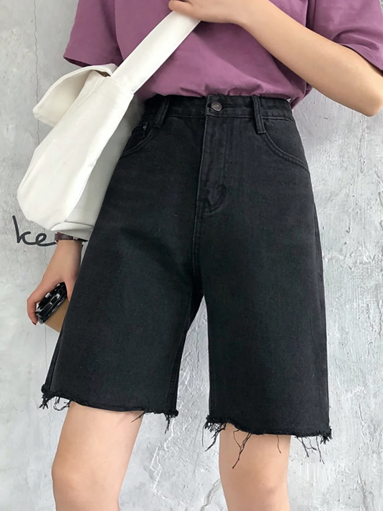 

Ailegogo New Summer Women High Waist Straight Raw Hem Loose Black Denim Shorts Streetwear Female Wide Leg Bermuda Shorts Bottoms