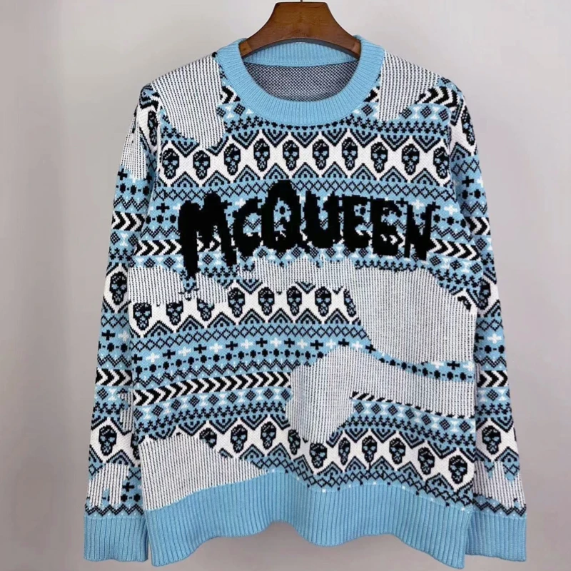 

Mcqueen Sweater Autumn Winter New Knitwear Heavy Craft Jacquard Chest Classic Logo MCQUEEN Sweater Casual Loose Pullover Couple