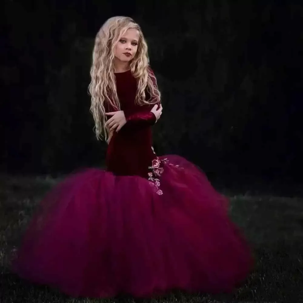 

Красные платья для девочек с цветочным принтом русалки, свадебное платье с аппликацией и длинными рукавами, нарядное платье на заказ