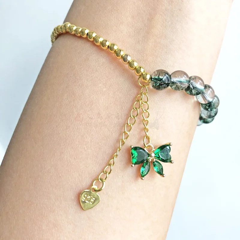 

2022 оригинальный дизайн кулон-бант из натурального белого хрусталя, имитация зеленого фотопокрытия, 14K золотые бусины в стиле пэчворк для же...