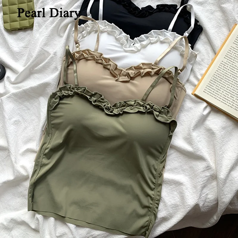 

Pearl Diary Women's Summer Vest With Chest Pad V-Neck Sling Sexy Spice Girl Slim Thin Top Short Knitting All-Match Tops Women