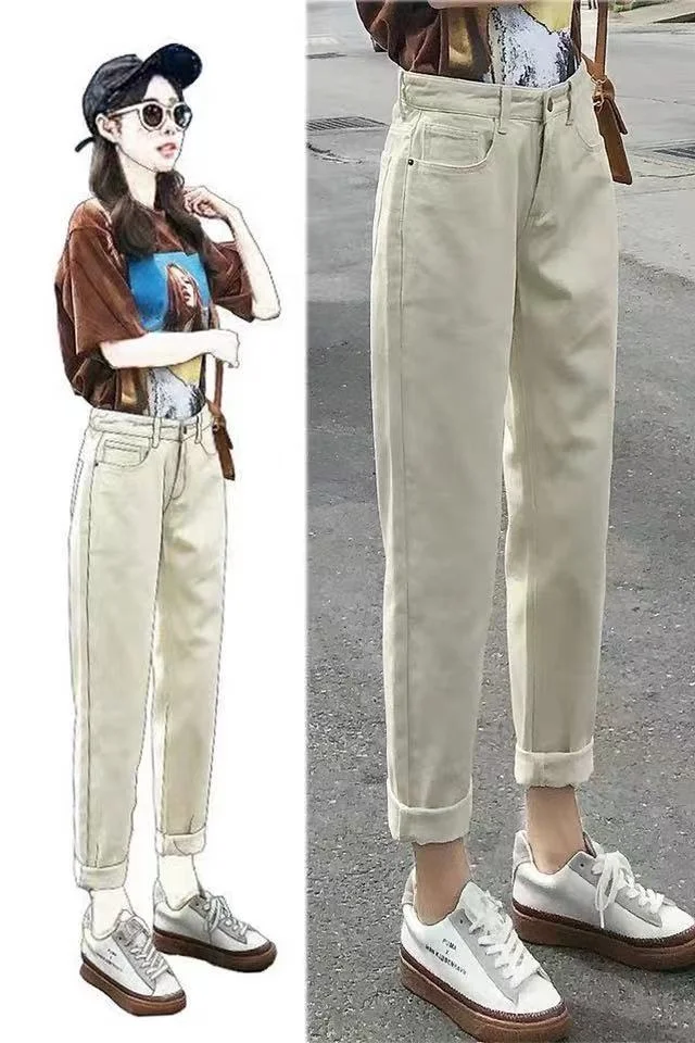

Beige Jeans for Women Spring and Autumn 2021 New High Waist Casual Loose Harem Pear Shapes Daddy Pants Jum