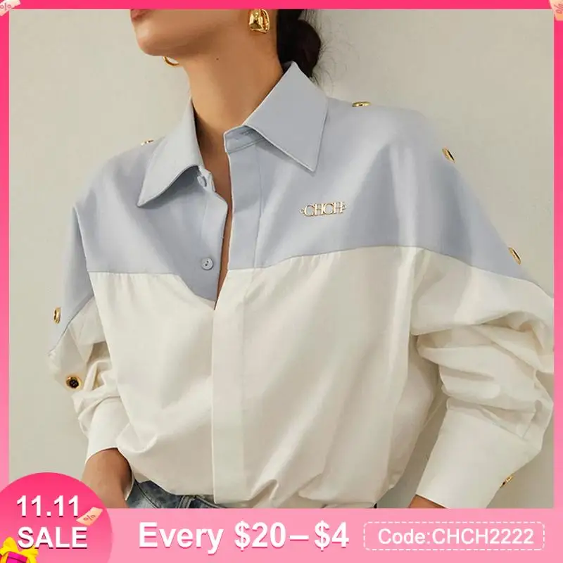 

Women's Blouses Fashion Color Contrast Patchwork Shirt Tops Temperament Blue Long Sleeve Shirt 2023 Summer Brand Design Shirt