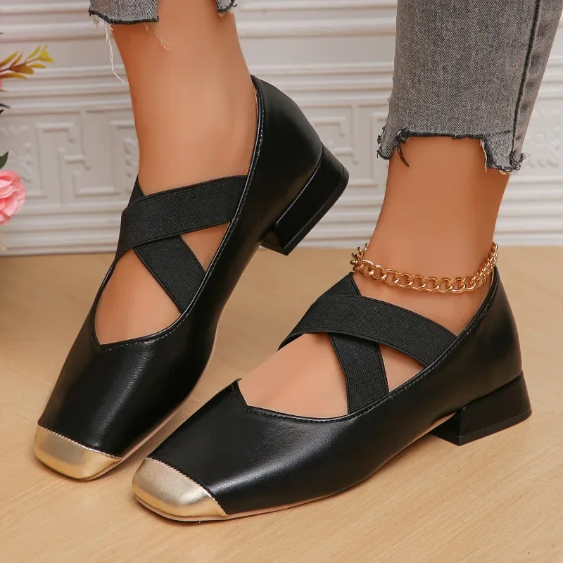 

2024 Spring Slip on Retro Shoes Women's Cross Strap Single Shoe Ladies Gold Sqaure Toe Low Heel Pumps Female Mary Janes Shoes