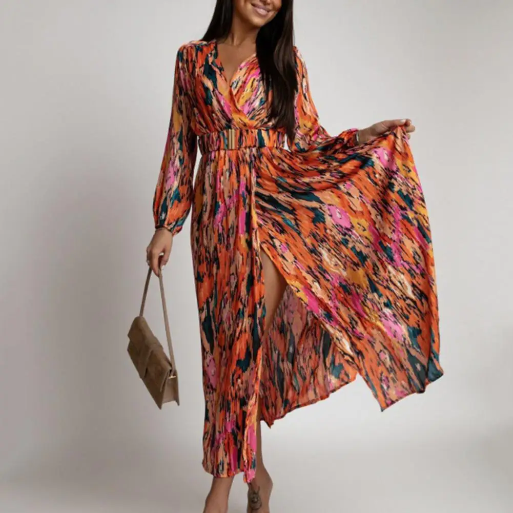 Charming Holiday Dress Long Sleeve Thin Front Split Flowy Hem Beach Dress  Comfy Maxi Dress Female Clothing