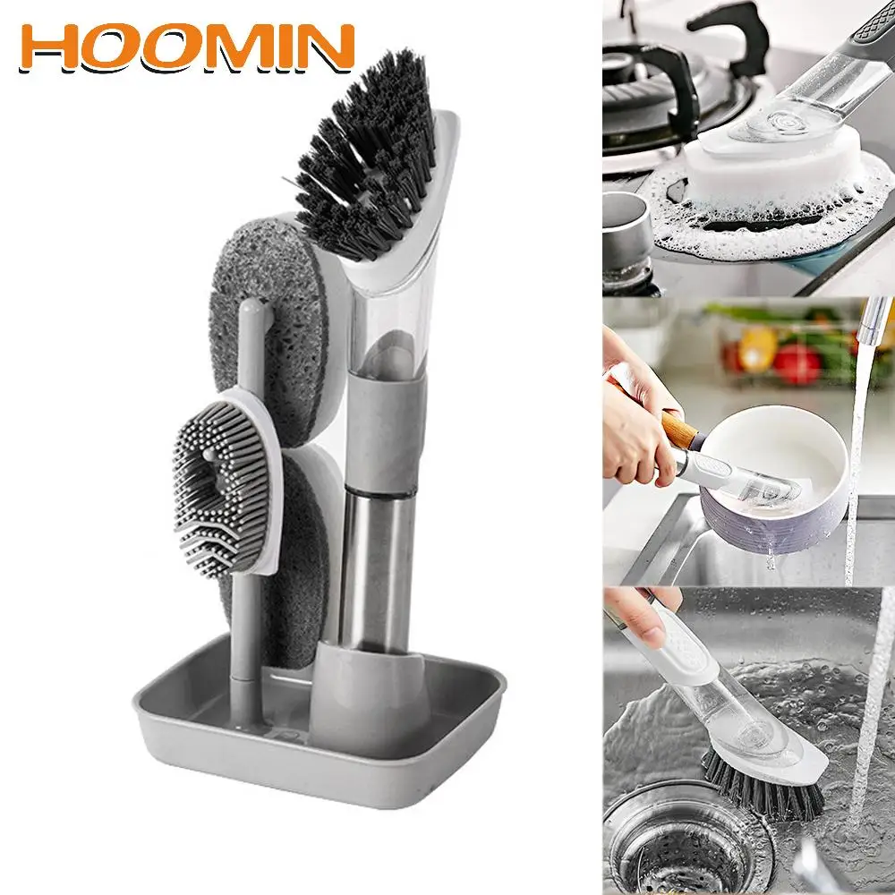 

HOOMIN Long Handle Dishwashing Brush Gadgets Kitchen Cleaning Brush Removable Sponge Brush Automatic Liquid Dispenser 3 In 1
