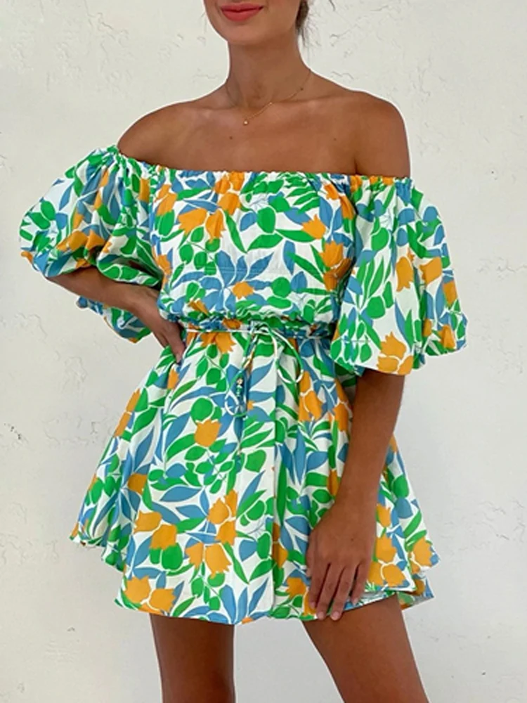 

Elegant Printed Short Sleeve Slanted Shoulder A-Line Dress Summer Women Vacation Dress Sexy Off Shoulder High Waist Mini Dress