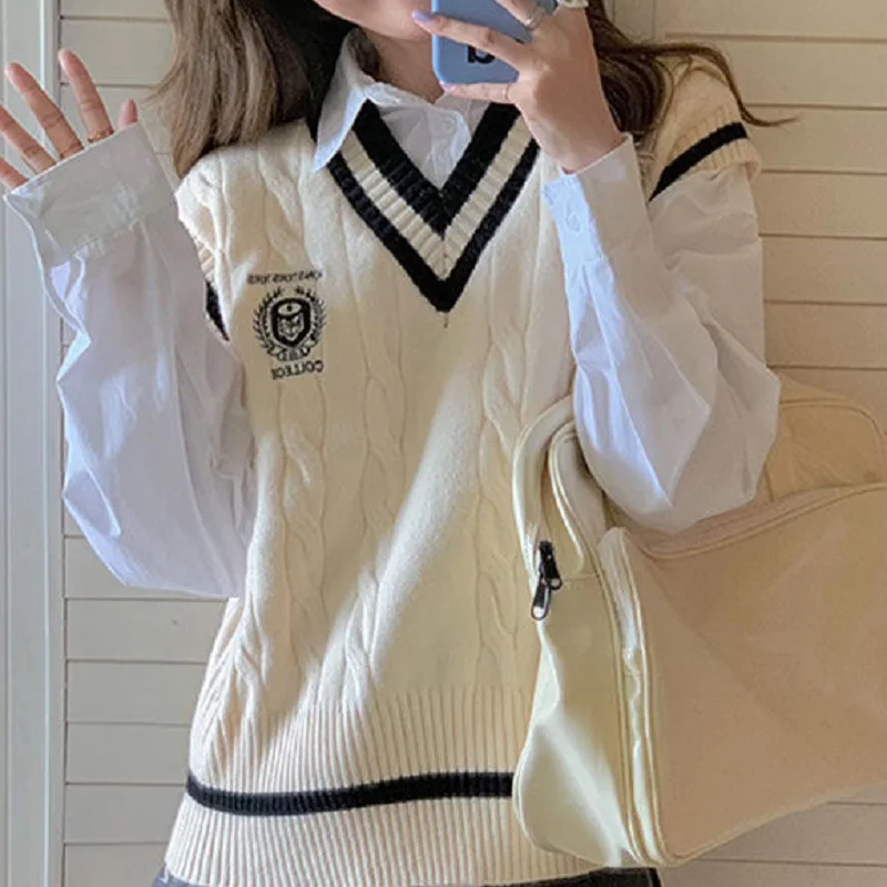 

Deeptown Preppy Style Knitted Sweater Vest V-neck Oversize Korean Fashion Sleeveless Youth Jumper Casual White Pullover Female