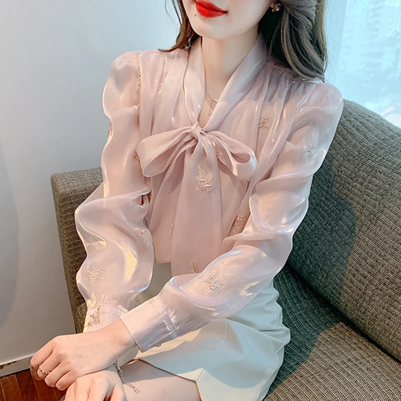 

Eleagnt Bowknot Embroidery Blouse Spring Autumn Long Sleeve Organza OL Shirt Women Fashion Pullovers Tops Blusa