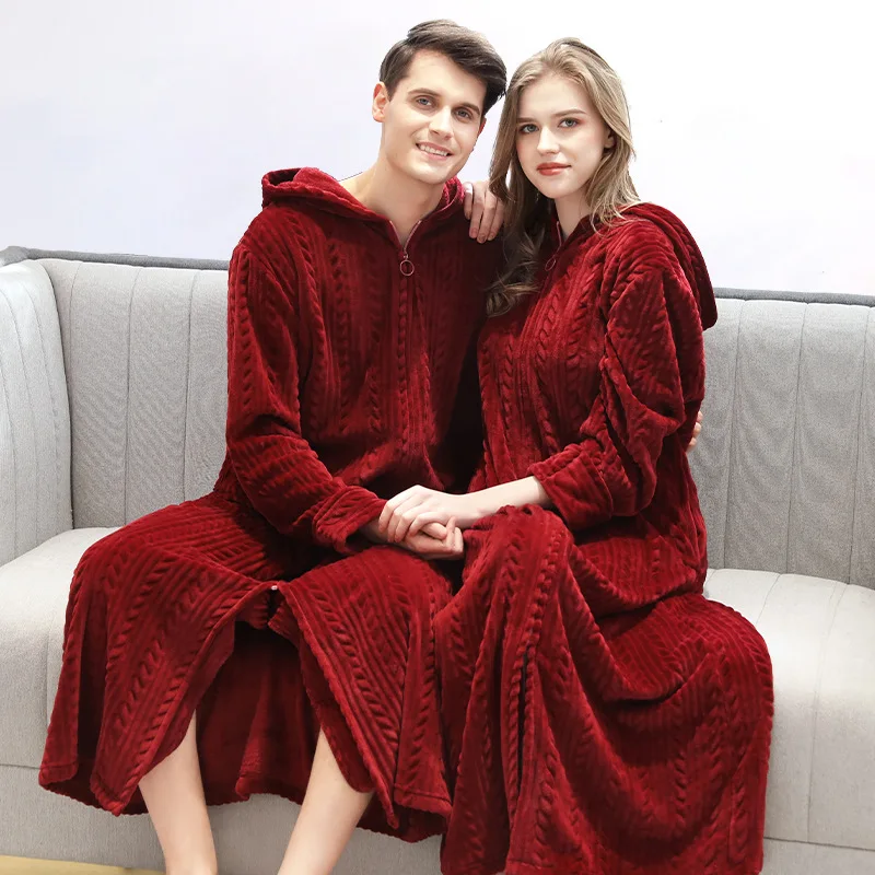 Autumn Winter Zipper Bathrobe Hooded Robe Couple Thickened Pajamas Facecloth Women Men Long Comfortable Nightgown Homewear