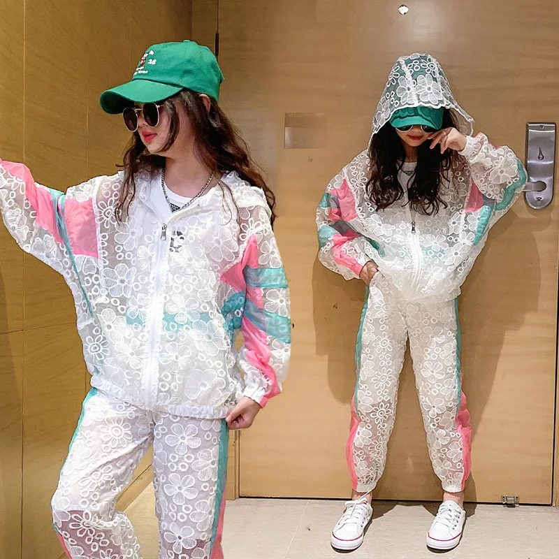 

Kids Girl Clothing Set Summer Thin Batwing Sleeve Hooded Coat Pants 2PCS Lace Hollow Out Floral Casual Outfit Children's Clothes