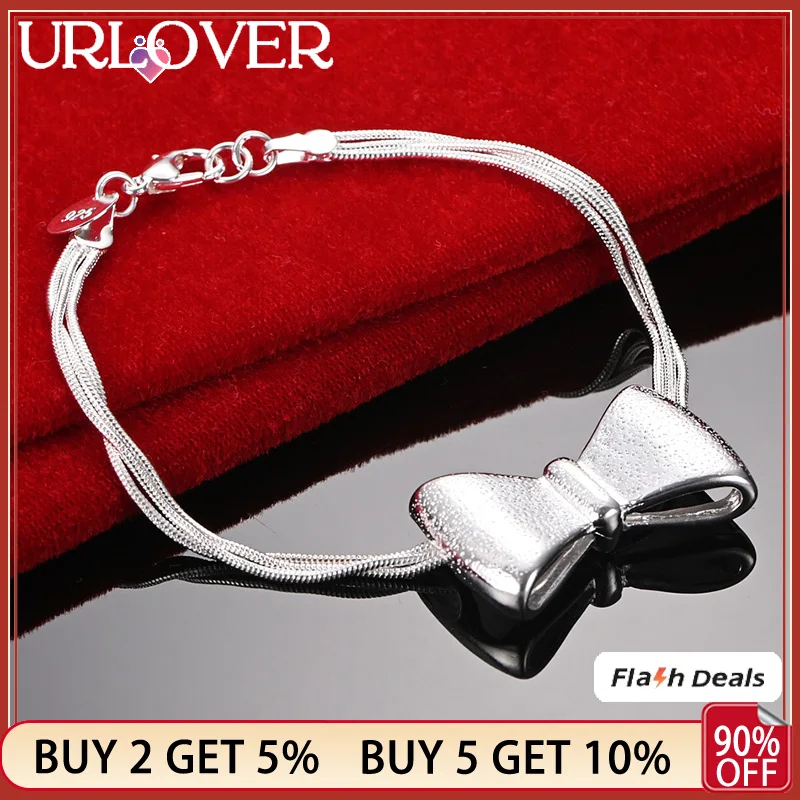 

925 Stamp Silver Color Cute Bowknot Snake Chain Bracelet For Woman Lady Fashion Jewelry Party Birthday Gift Wedding Accessories