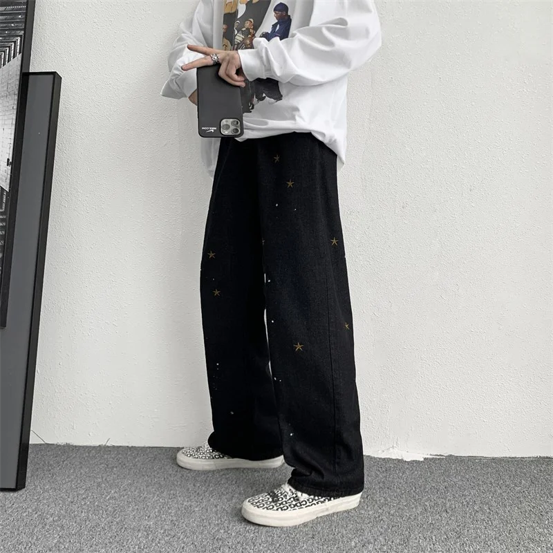 

High street pants men's autumn fashion brand ins fried Street splash embroidery jeans ruffian handsome design loose straight