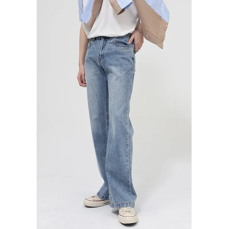 Streetwear Men 2022 New Style Vintage Recreational Blue Jeans Loose Straight Cylinder Broad Leg Micro Flare Pants Autumn Female