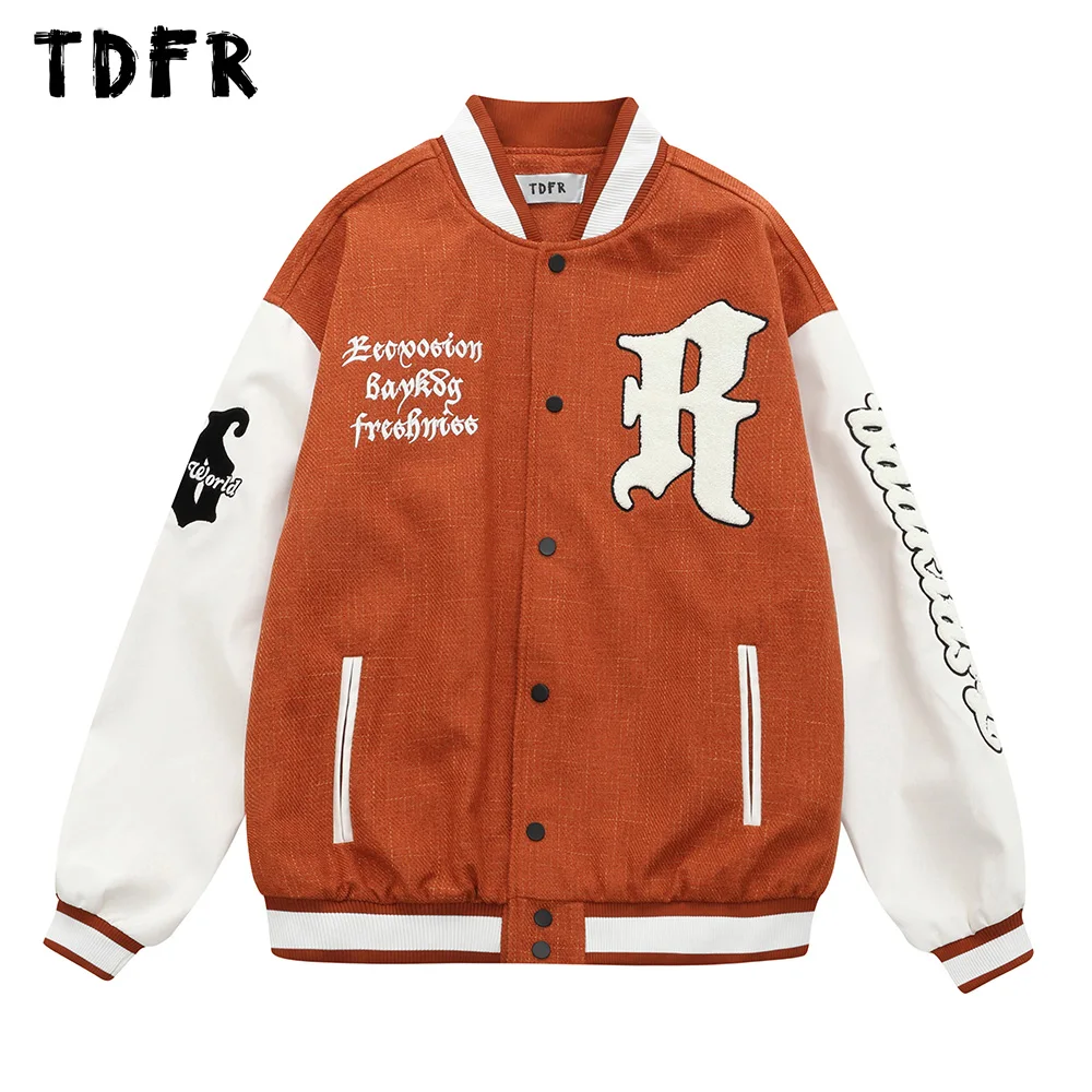 Letter Embroidery Baseball Jacket Mens Autumn Winter Streetwear Stand Collar Casual Loose Sleeve PU Jacket Men