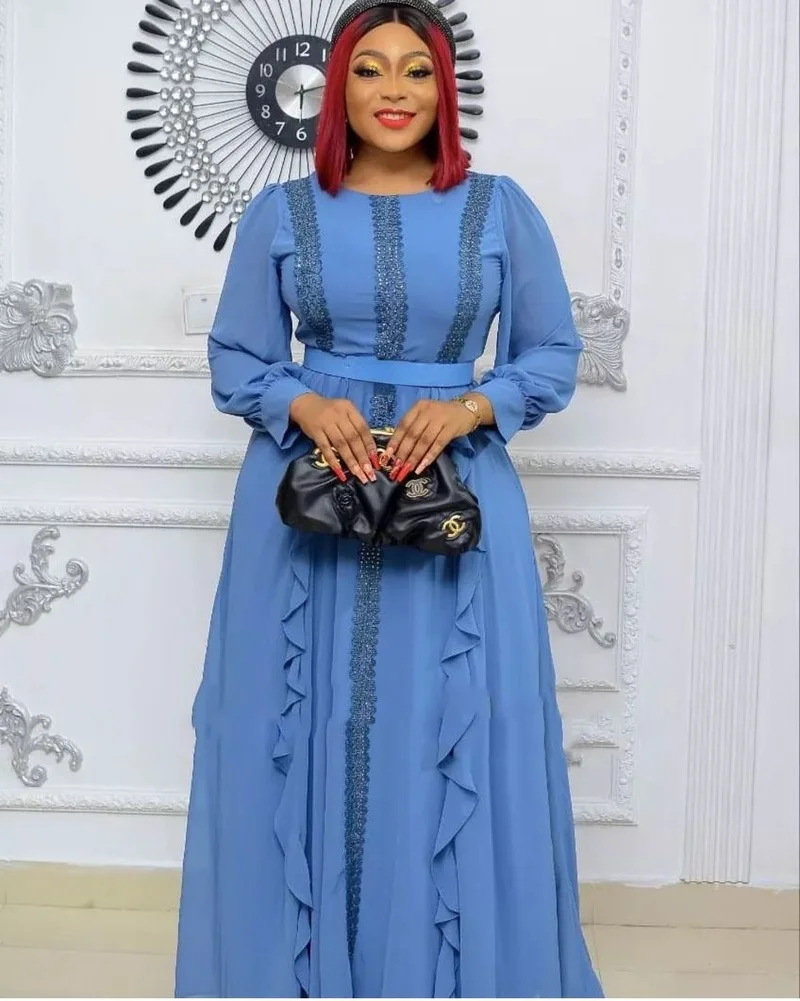 

2022 Spring Autumn African Women Long Sleeve O-neck Polyester Solid Color Long Dress African Robes African Dresses for Women