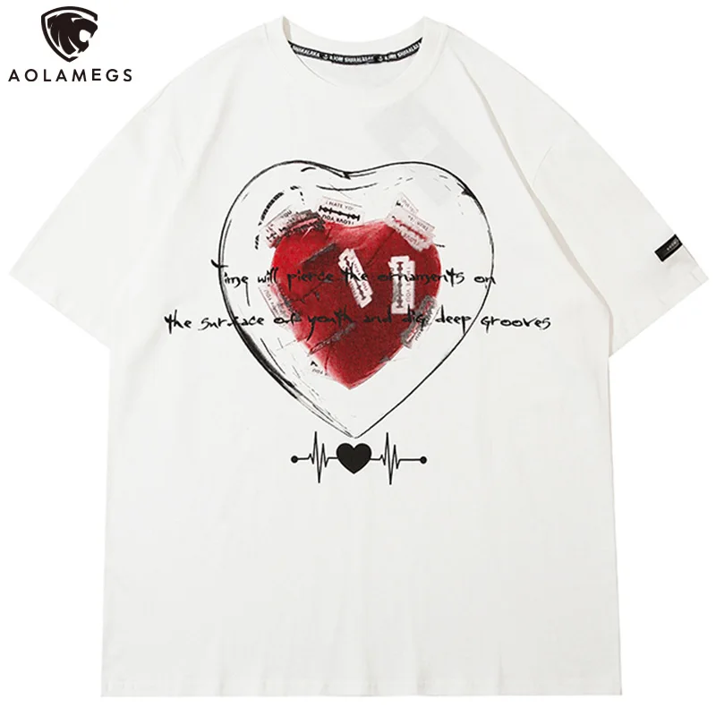 

Aolamegs Red Heart-shaped Graffiti Printed T-shirt Men Casual Loose Cozy Tops Tee Summer Fashion Hip Hop Style Streetwear Couple