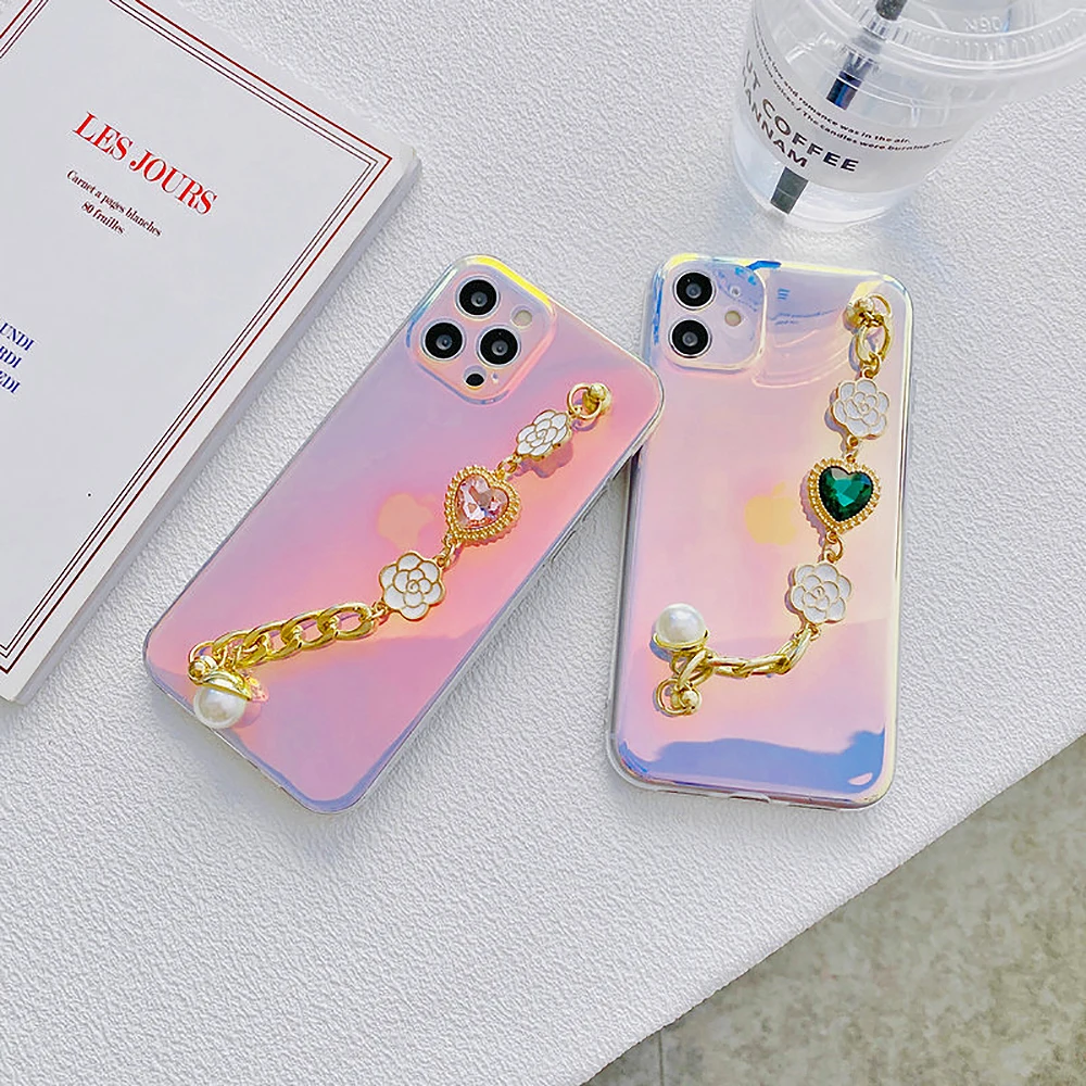 

Love Heart Gem Camellia Pearl Chain Phone Case For Samsung Galaxy S23 S22 S21 Plus Ultra S20FE Note20 8 9 Pro Soft Protect Cover