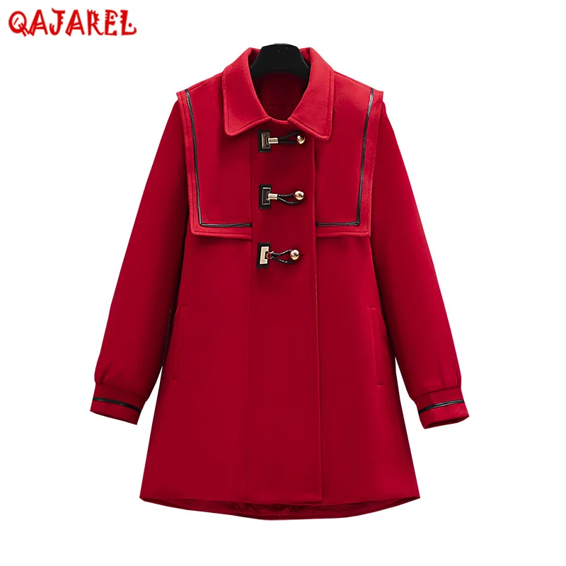 

2022 красные толстые хлопковые пальто, осенне-зимние черные корейские винтажные шерстяные пальто Хепберн, женские элегантные облегающие тре...