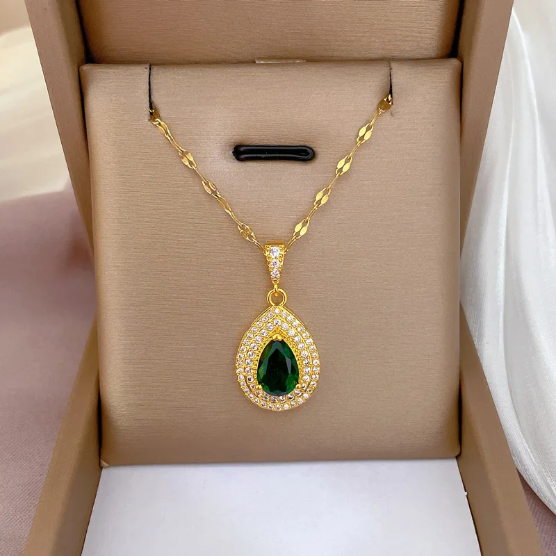 

Elegant Luxury Micro Paved Zircon Green Crystal Water Drop Pendant Clavicle Chain Necklace for Women Girl Princess Jewelry