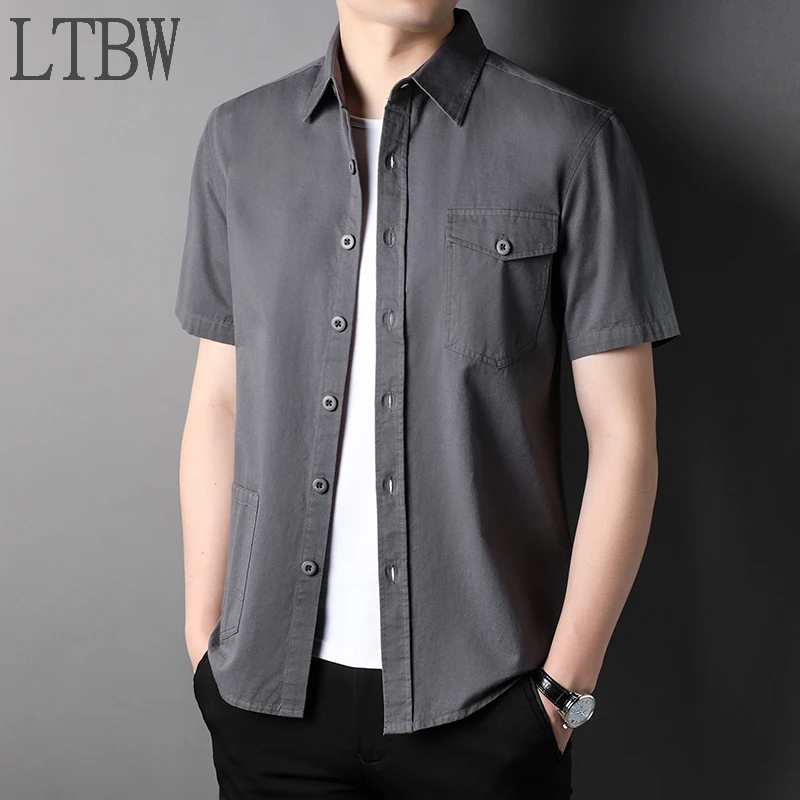 LTBW Fashion Workwear Men's Shirts Short Sleeves Casual Cotton Shirts With Pockets