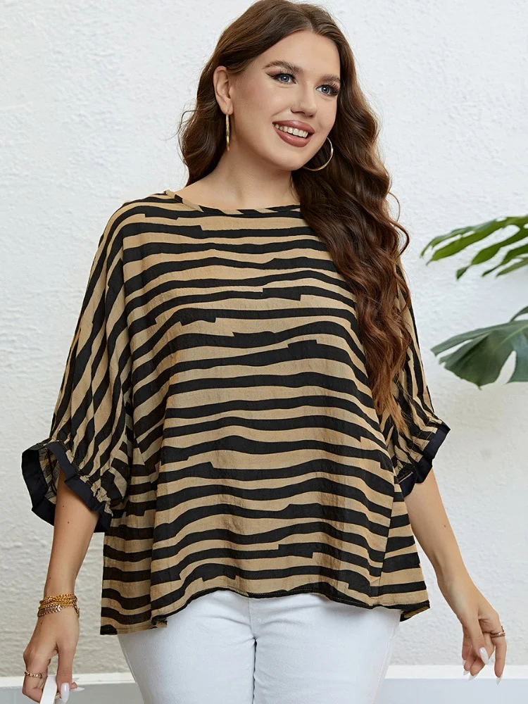 Summer Zebra Pattern 3/4 Sleeves Elegant Large Top blusas plus size mujer  peplum top  roupas femininas