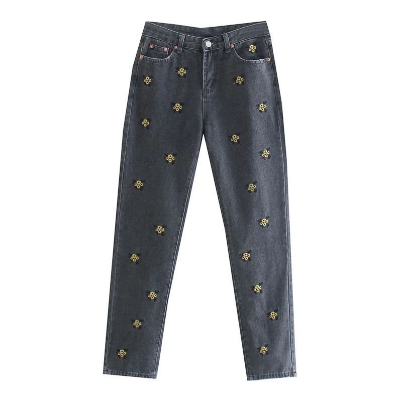 

TRAF Women 2022 Fashion Flowers Embroidery All-Match Denim Trousers Retro High Waist Pocket Zipper Trousers Streetwear