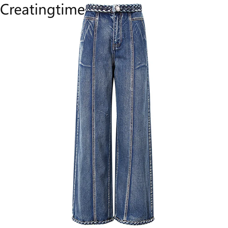 

Creatingtime 2022 Summer New Fashion Tide Women Loose Weave High Waist Straight Washed Bleached Distressed Wide Leg Jeans