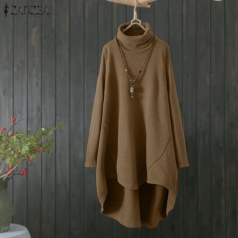 

Women Autumn Turtleneck Sweatshirts Casaul Long Sleeve Pullovers Oversized ZANZEA 2021 High Low Tops Female Irregular Hoodies