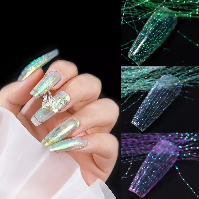 Fashion Fluorescent Thread Nail Sticker Laser Glitter Mesh Net Line Tape Holographic 3D Silk Foils Nail Art Decorations